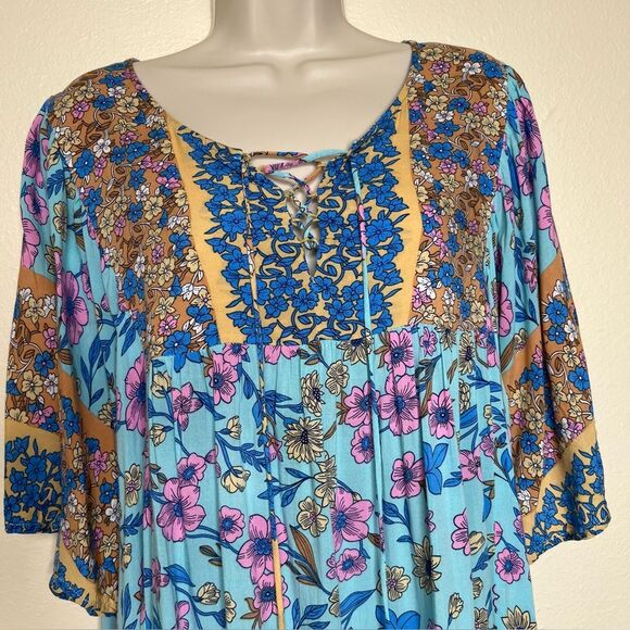 GiGiO Plus Boho Floral Lace Front Tie Flutter Sleeve Top Women 2XL Flowy Rayon - Picture 3 of 12